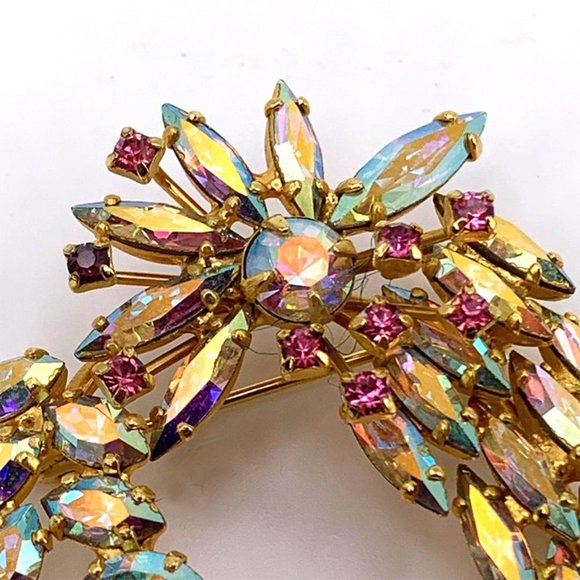 VINTAGE RARE UNSIGNED 1960's Aurora Borealis Marquis Cut Rhinestone Brooch - Picture 3 of 4